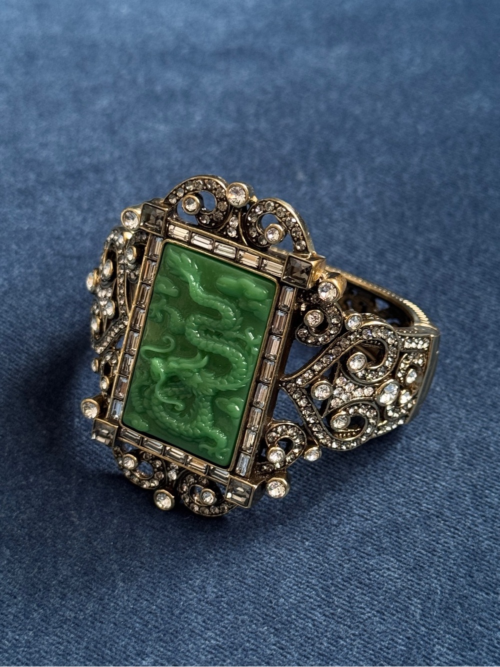 Heidi Daus Green Faux Jade Dragon Crystal Rhinestones Hinge Bracelet